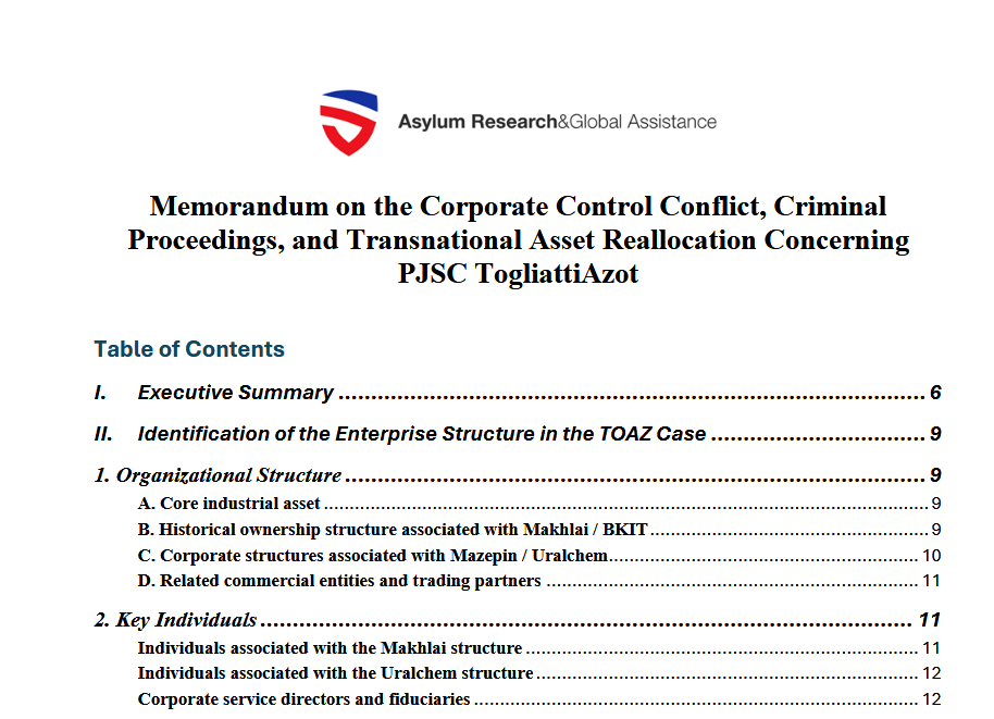 Mémorandum analytique sur l’affaire PJSC TogliattiAzot ARGA